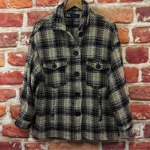 Zara Women's Plaid Black and Cream Teddy Jacket Size XL